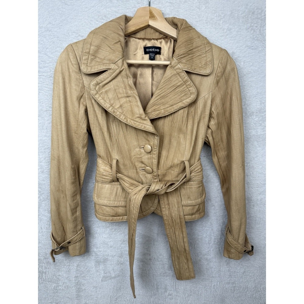 Vintage Y2K Bebe Tan Leather Tie Belted Jacket Coat 2000s Glam Moto Women's XS